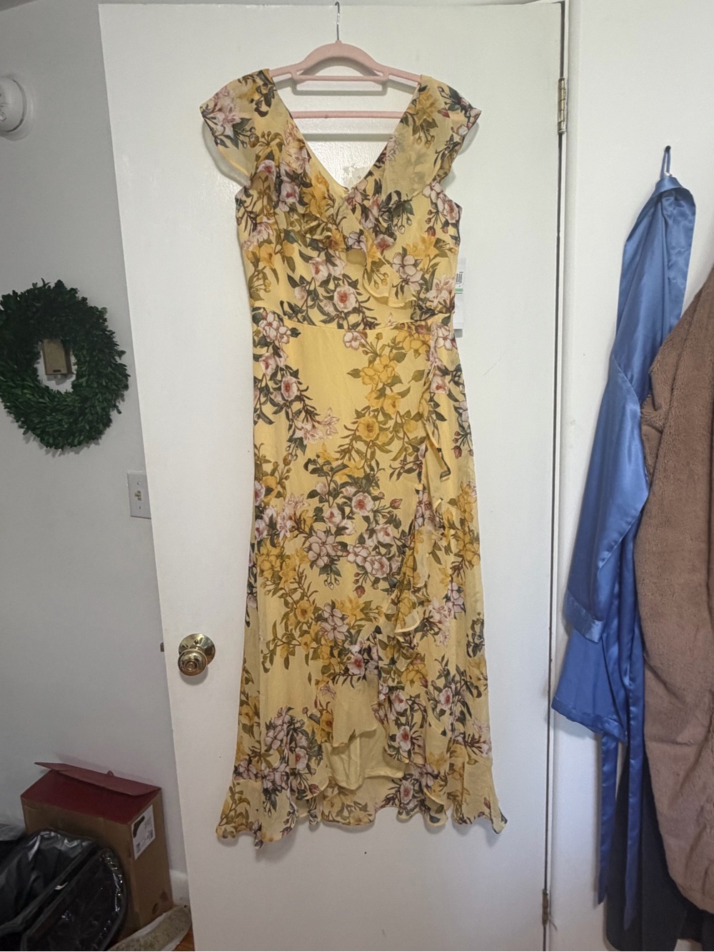 London Times Yellow Floral Ruffle V-Neck Maxi Dress
